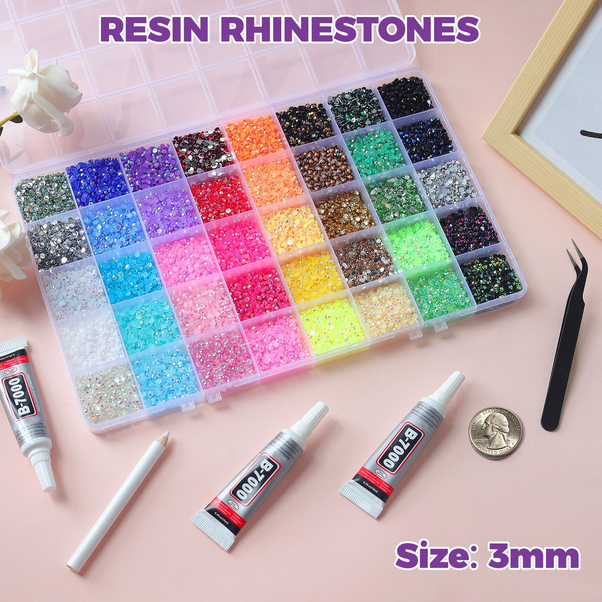 EGKamh close-up of 3mm resin rhinestone texture highlighting bright, durable shine