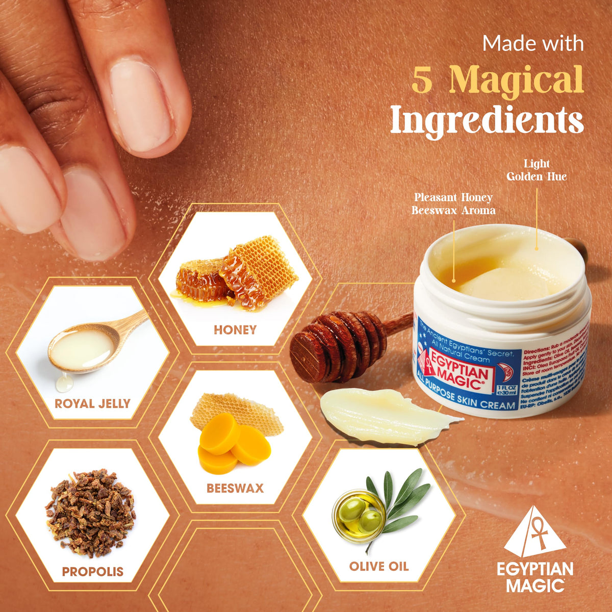 Egyptian Magic applied on hand demonstrating fast absorption and softening benefit