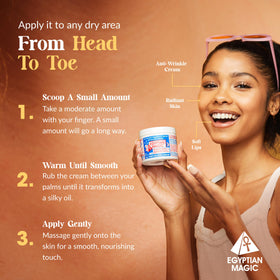 Applying Egyptian Magic on hands to relieve dry skin and soothe