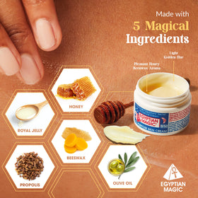 Natural ingredients honey and olive oil with Egyptian Magic emphasizing nourishment