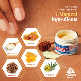 Egyptian Magic natural ingredients arranged to show honey beeswax olive oil benefits