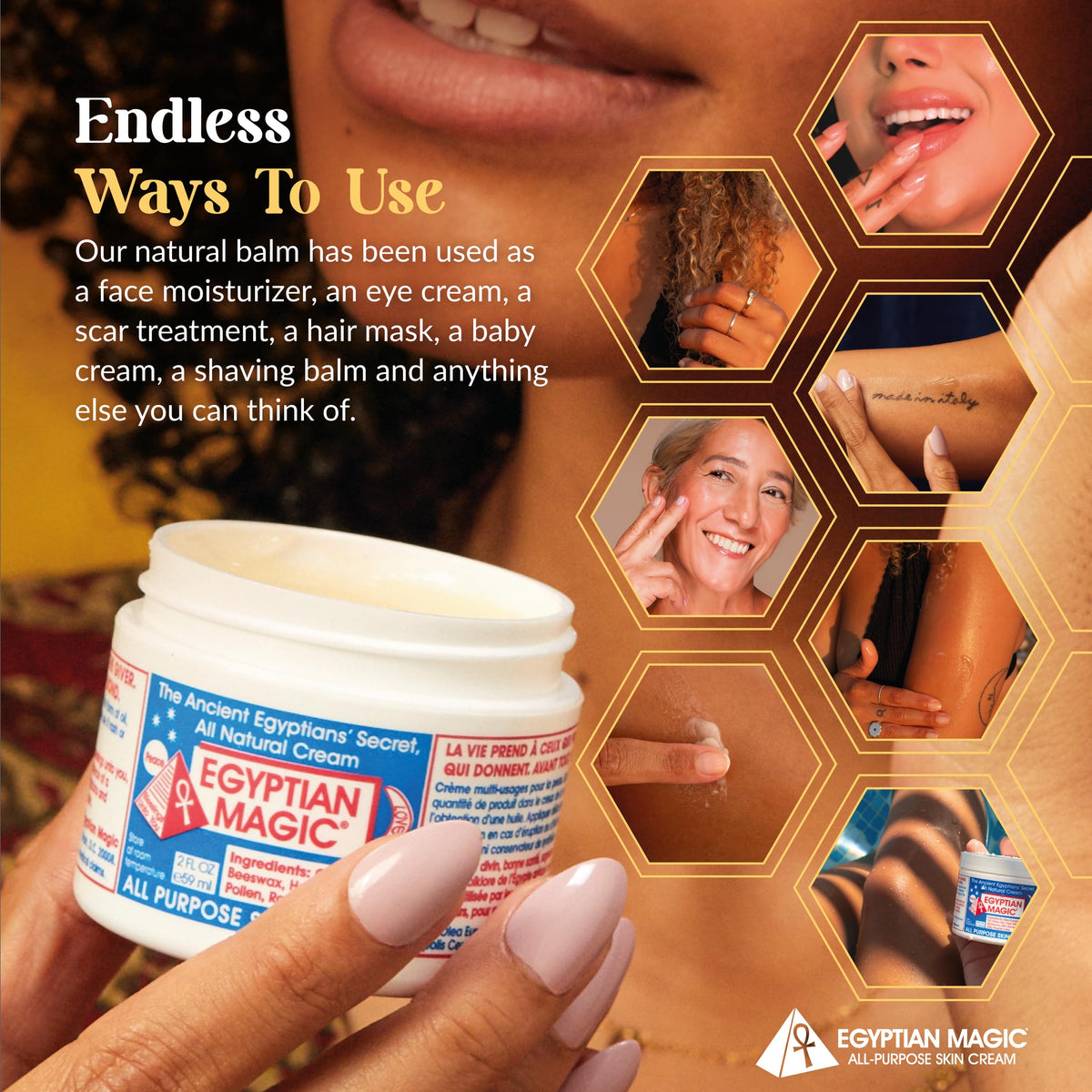 Egyptian Magic on bathroom counter suggesting daily routine convenience and versatility