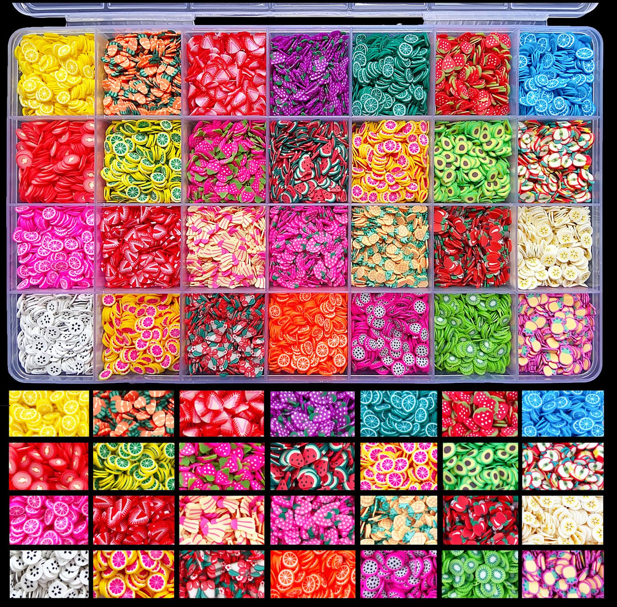 EHOPE clear box front view showing 28 organized fruit styles and convenience