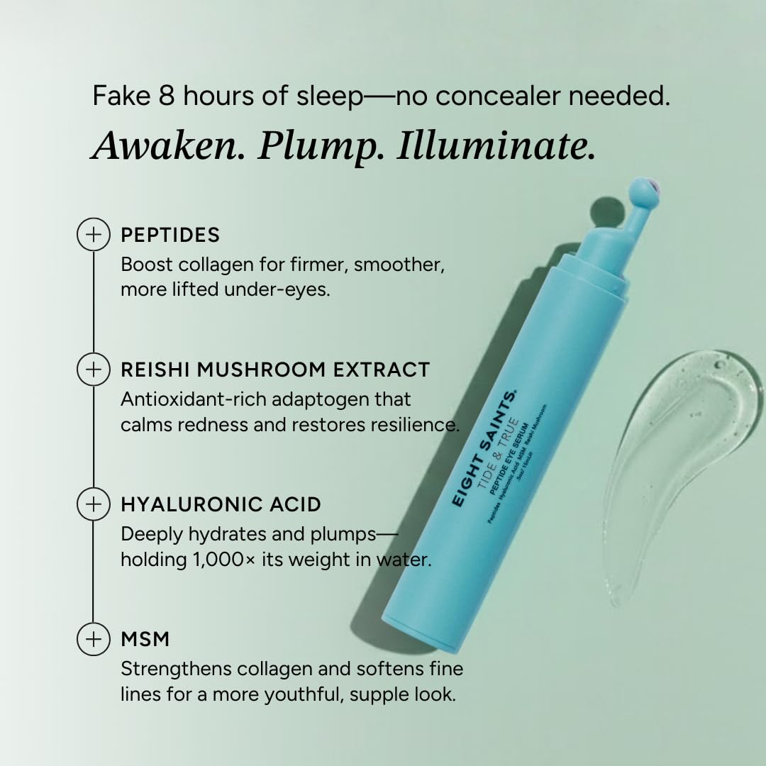 Eight Saints serum being rolled under eye in hand to show easy, mess-free application