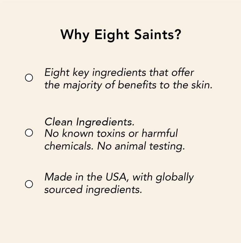 Eight Saints serum on bathroom shelf staged for morning routine and quick results
