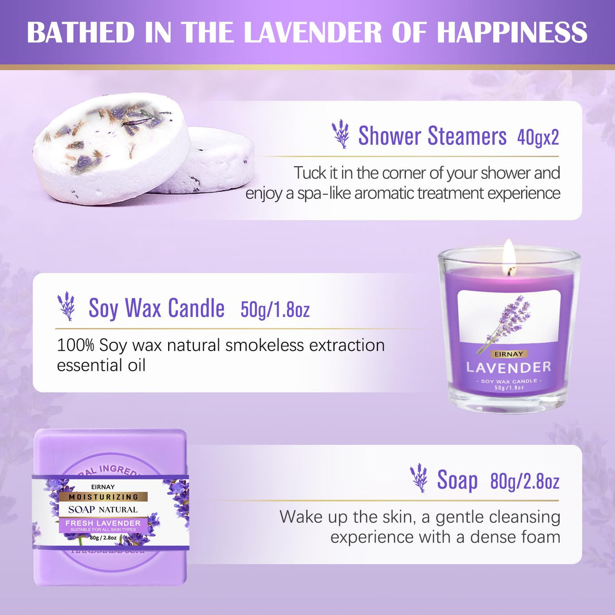 EIRNAY bath scene with person enjoying lavender soak illustrating stress-relief benefit