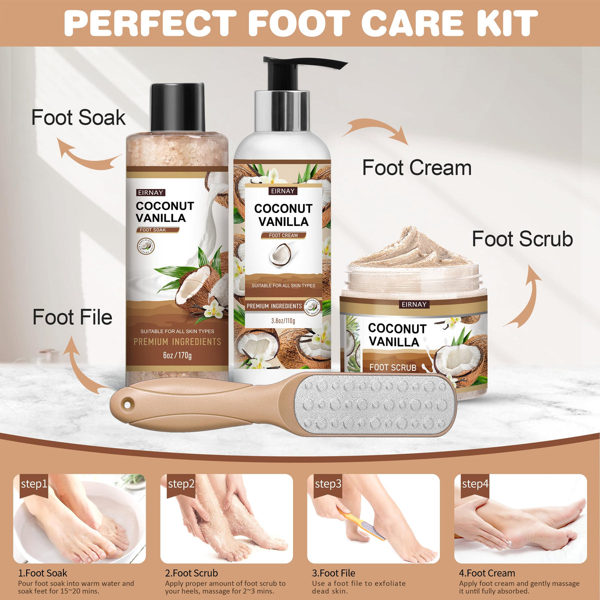 EIRNAY foot soak in basin with relaxed feet demonstrating at‑home pedicure