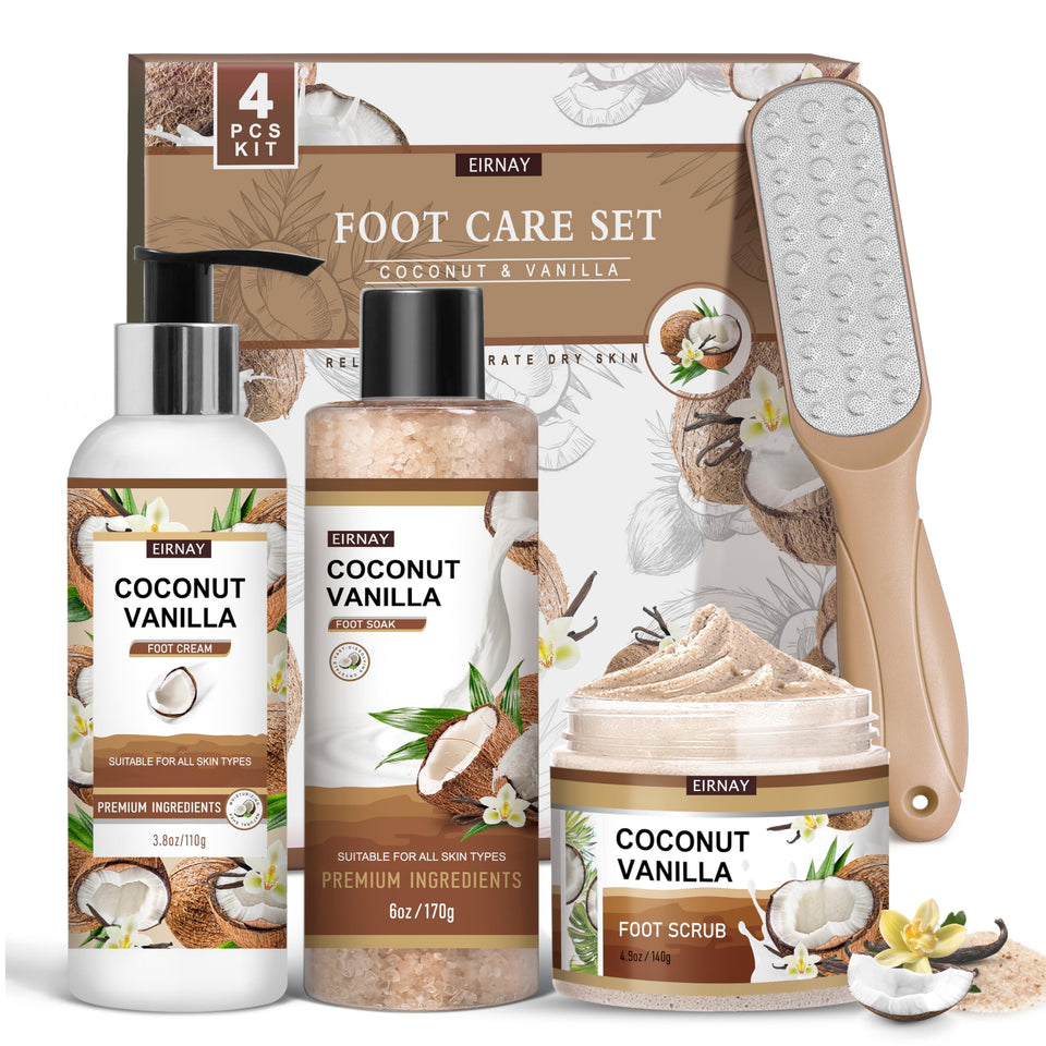EIRNAY front packaging of full foot soak set showing contents and benefits
