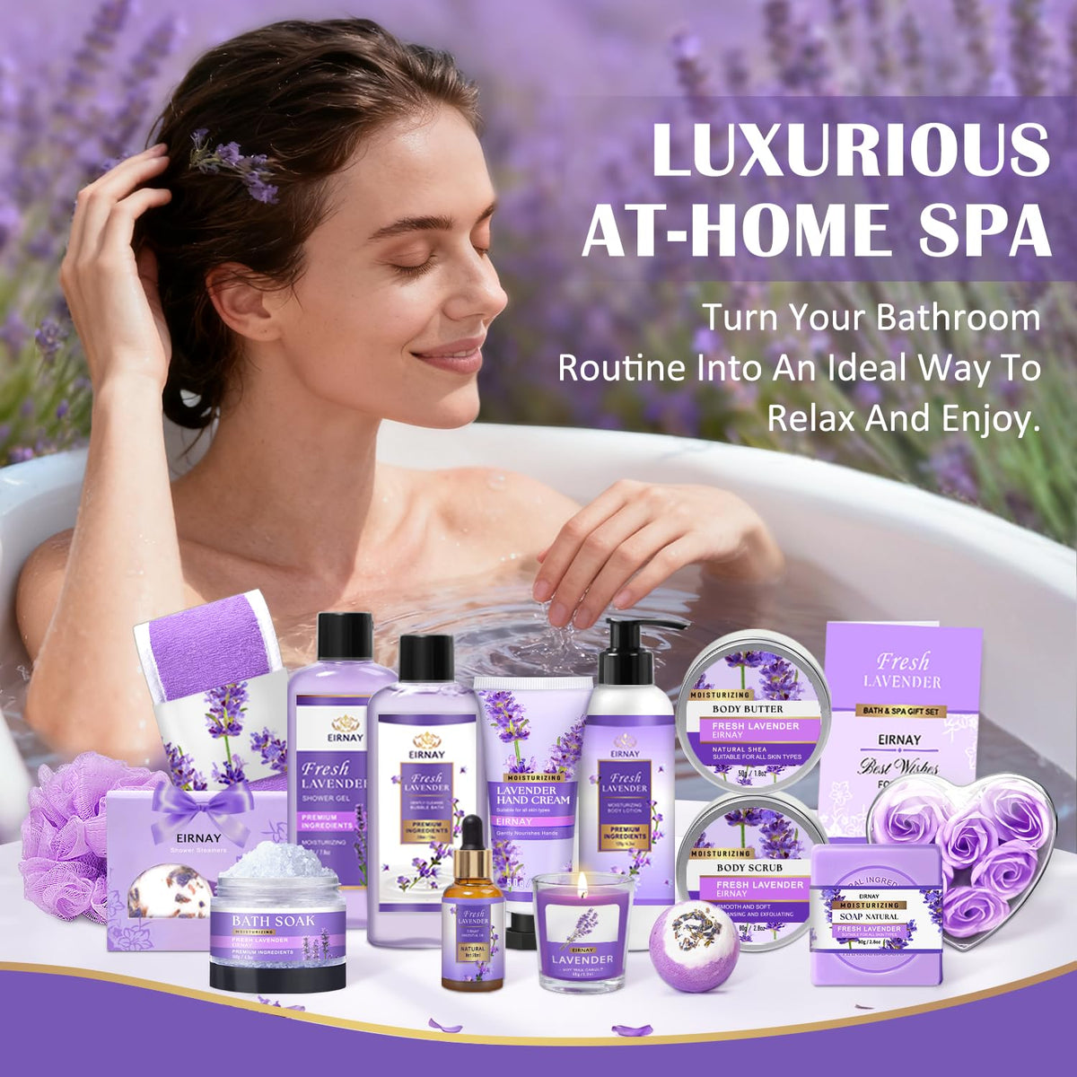 EIRNAY flat lay of all 17 items showing variety and complete spa routine benefit