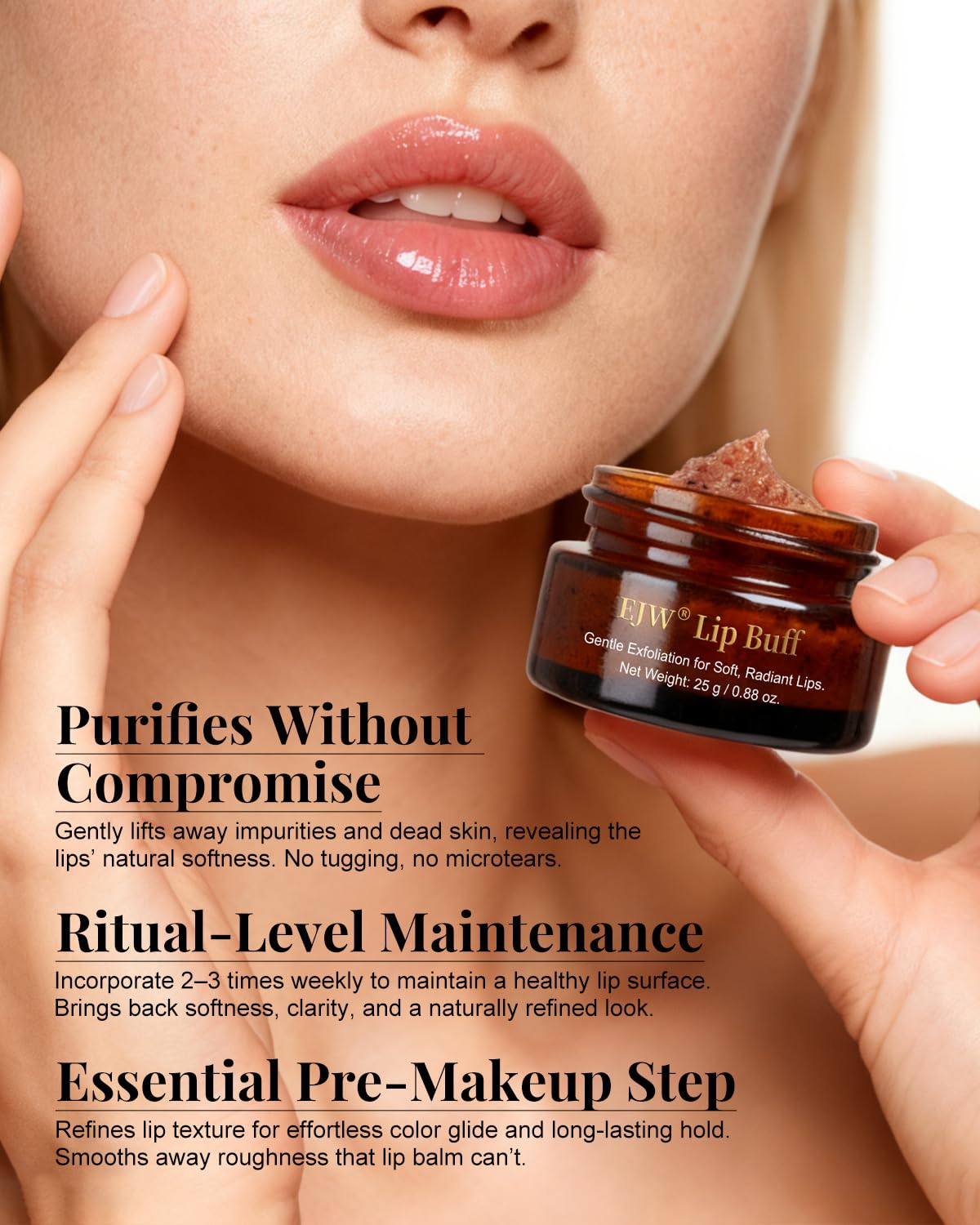 EJW ingredients trio of brown sugar coffee and perlite revealing triple-action exfoliation