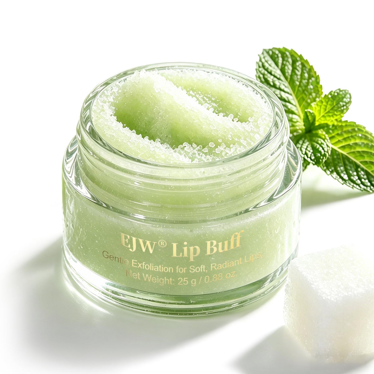 EJW front jar of cooling mint lip scrub showing packaging and freshness benefit