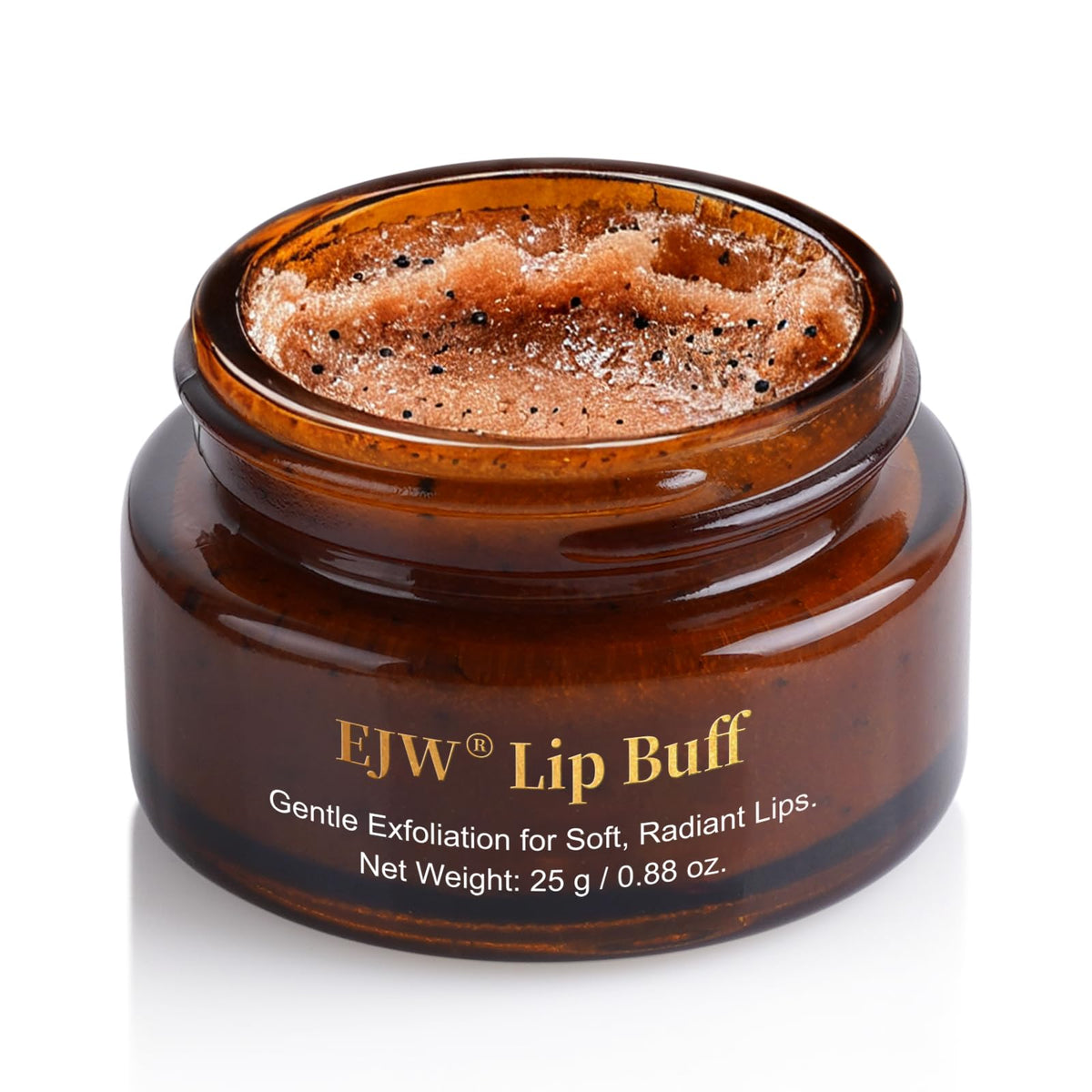 EJW jar front showing label and brown sugar scrub for visible exfoliation benefit