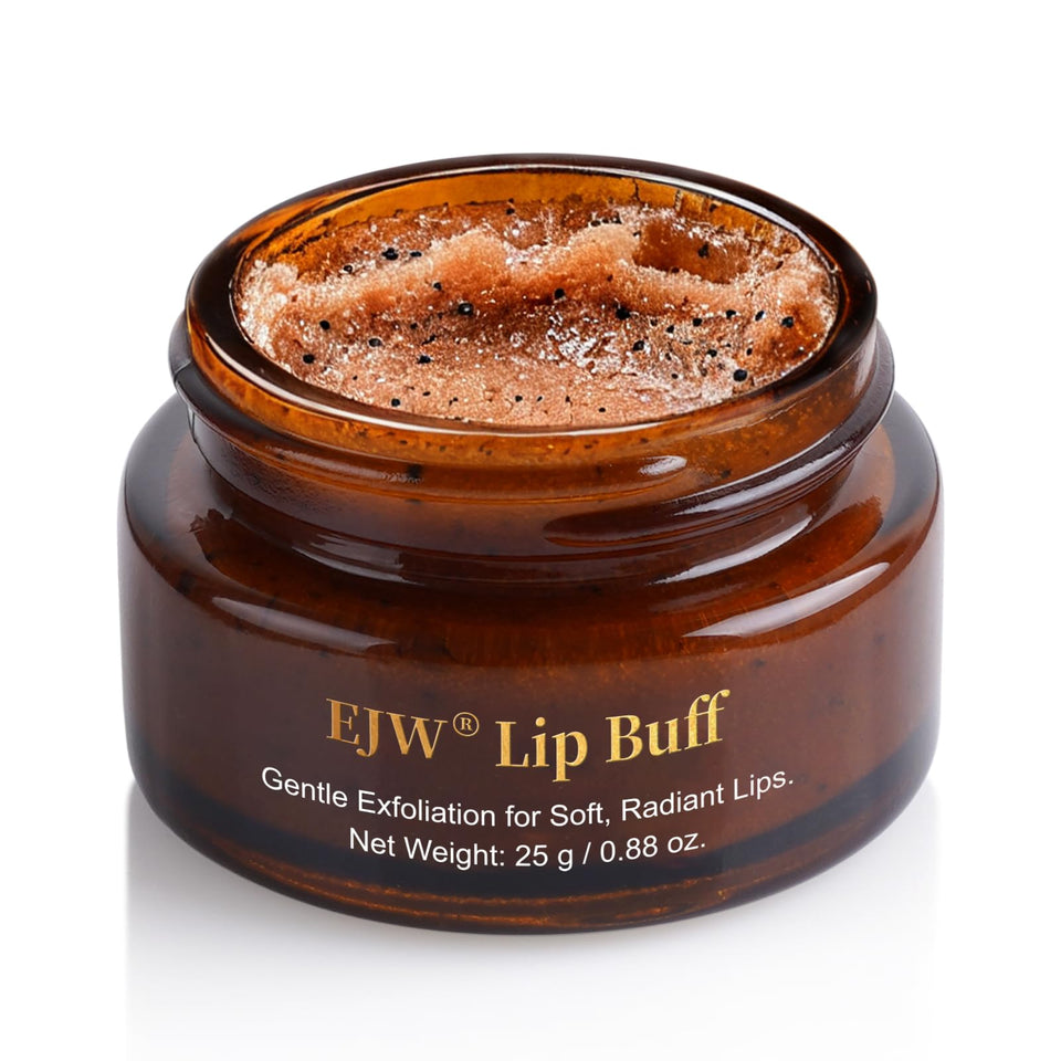 EJW jar front showing label and brown sugar scrub for visible exfoliation benefit