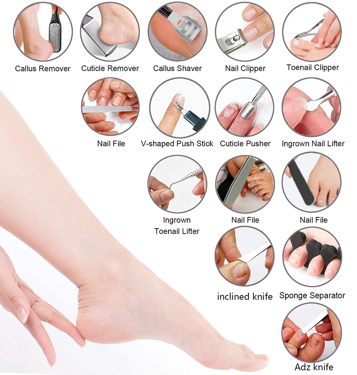 EKOCSIO open plastic case with neatly arranged pedicure tools for quick access