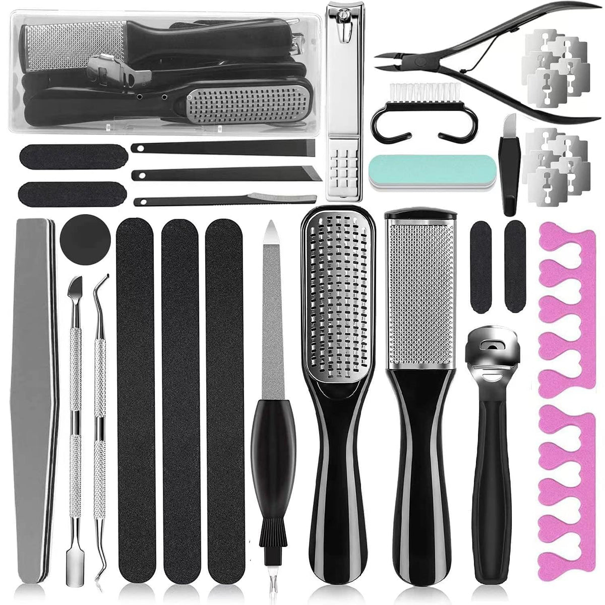 EKOCSIO pedicure kit front view showing organized tools and case, convenient storage benefit