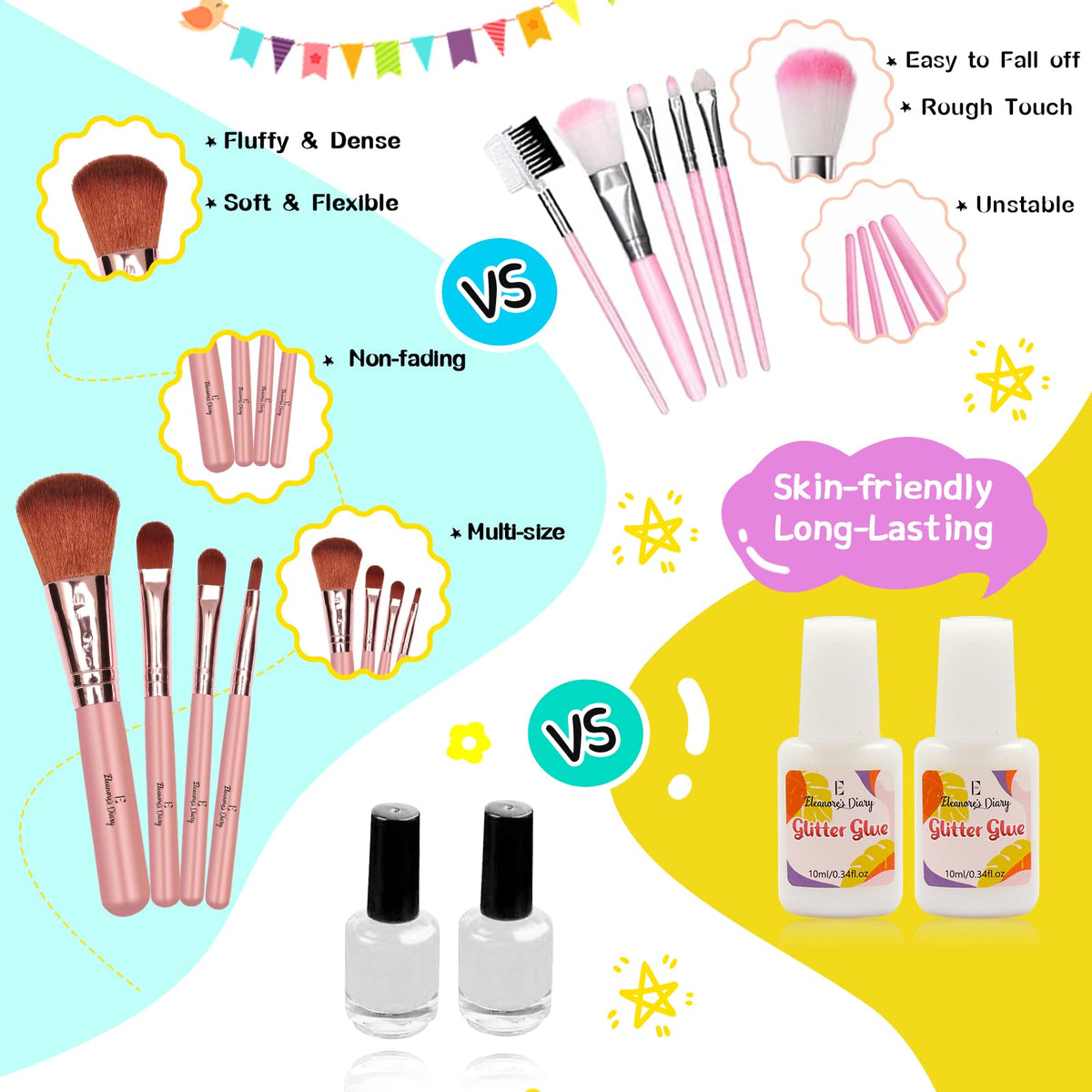 Eleanore's Diary glue tubes and four brushes arranged for application benefit: precise tools