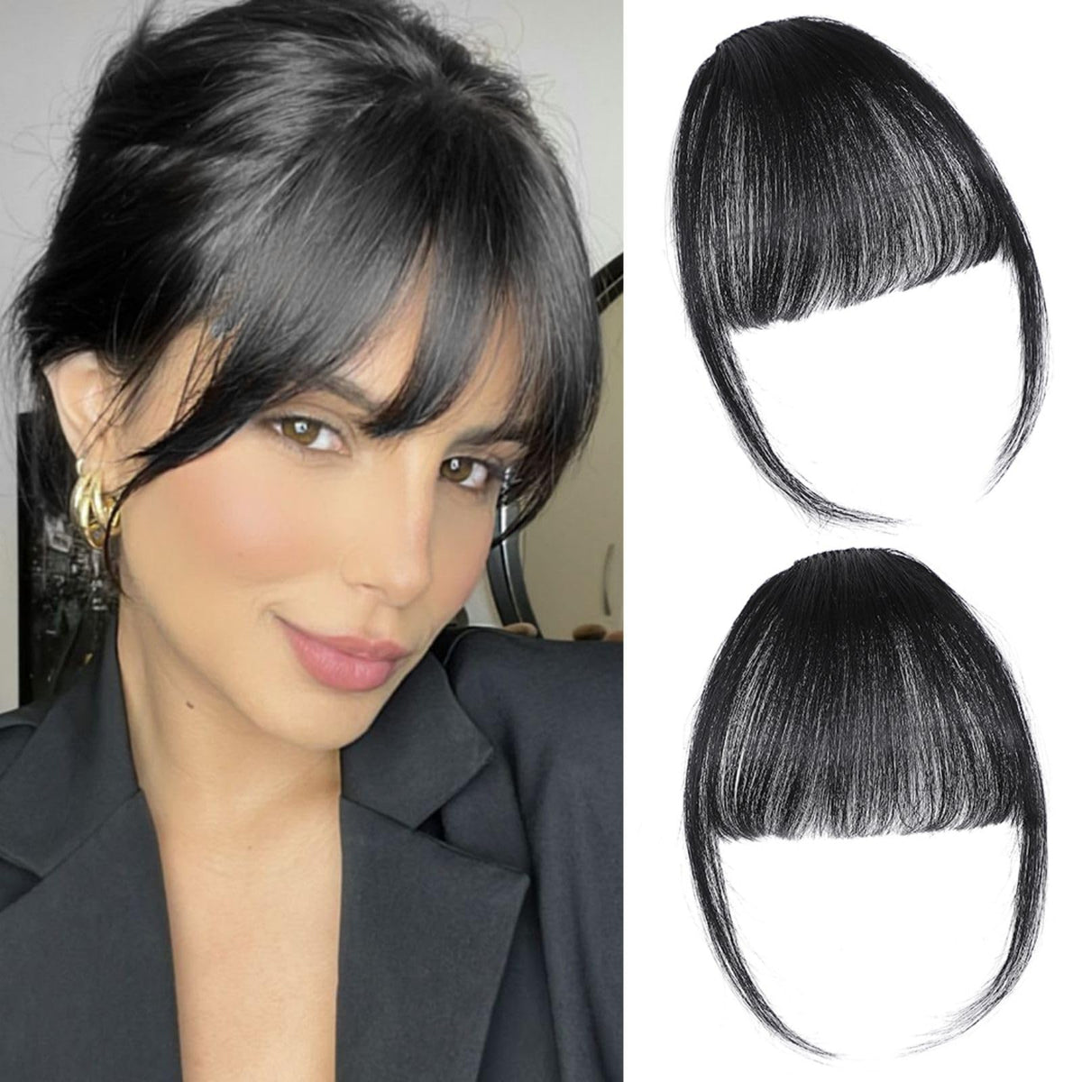 ELEFOCUS front view packaging showing natural black bangs and easy clip benefit