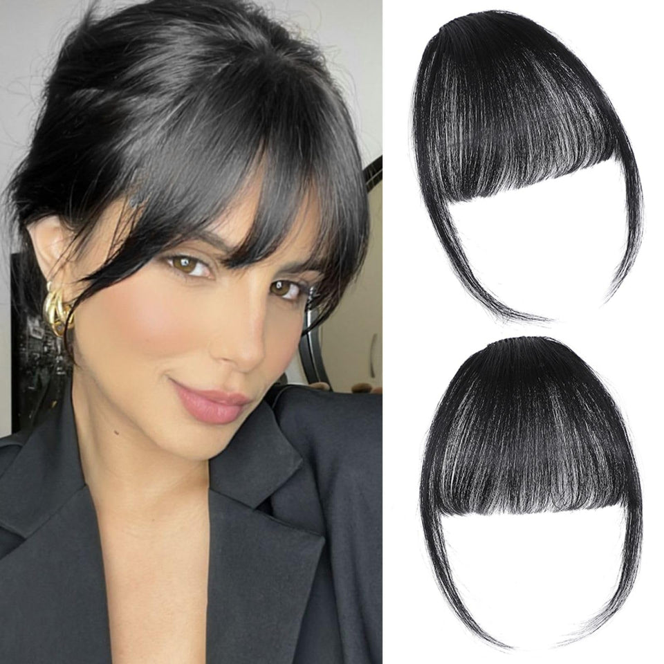 ELEFOCUS front view packaging showing natural black bangs and easy clip benefit