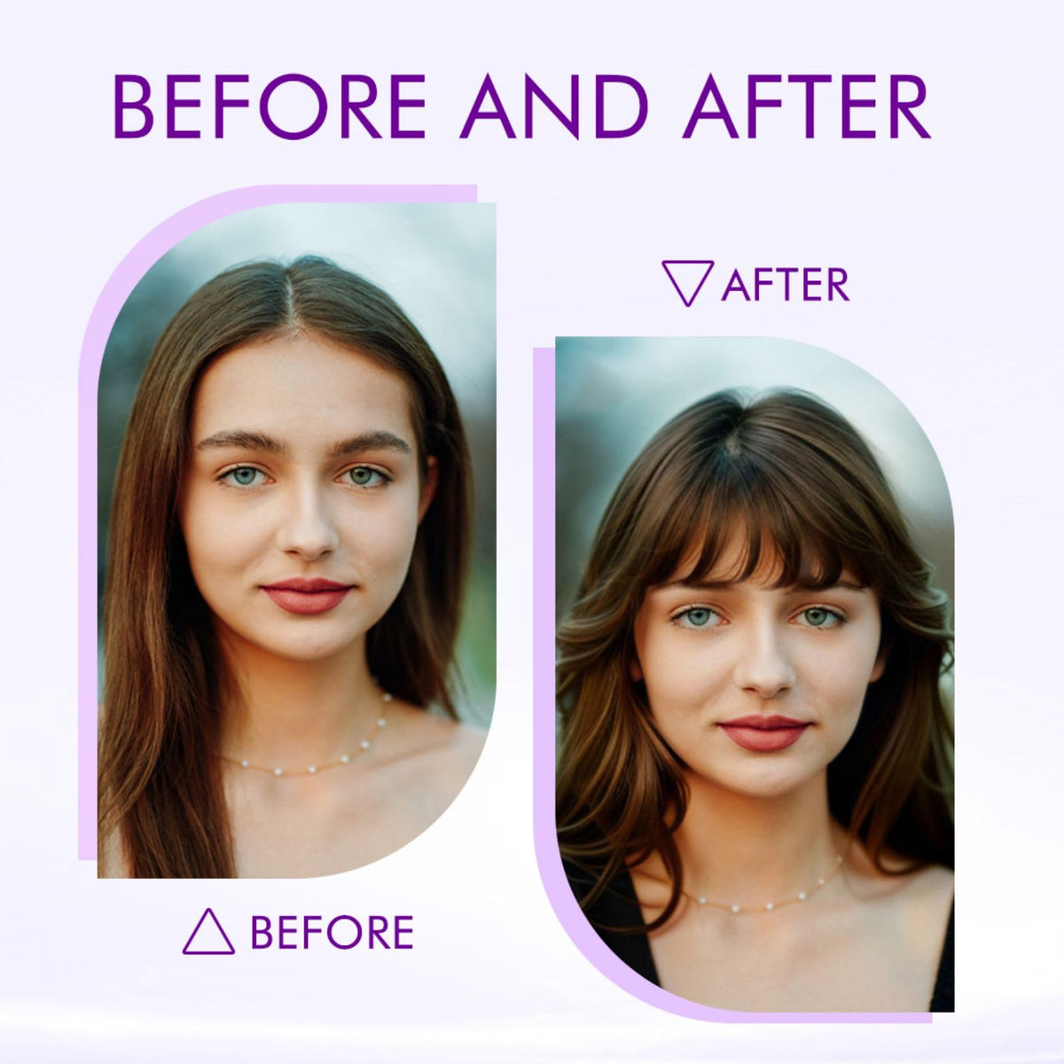 ELEFOCUS bangs in use on model demonstrating instant style change benefit