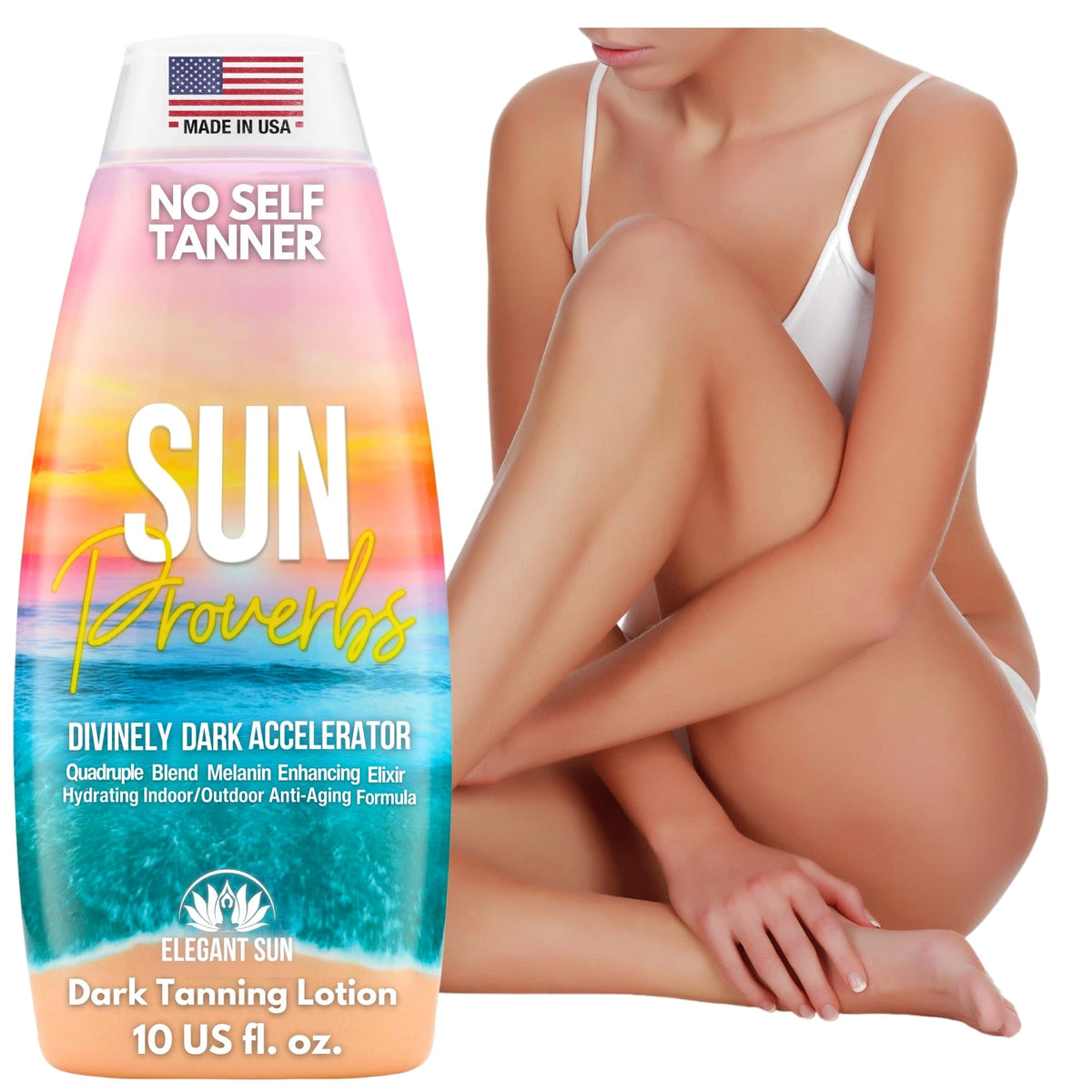 Elegant Sun Sun Proverbs front bottle shows clean design and tanning benefits