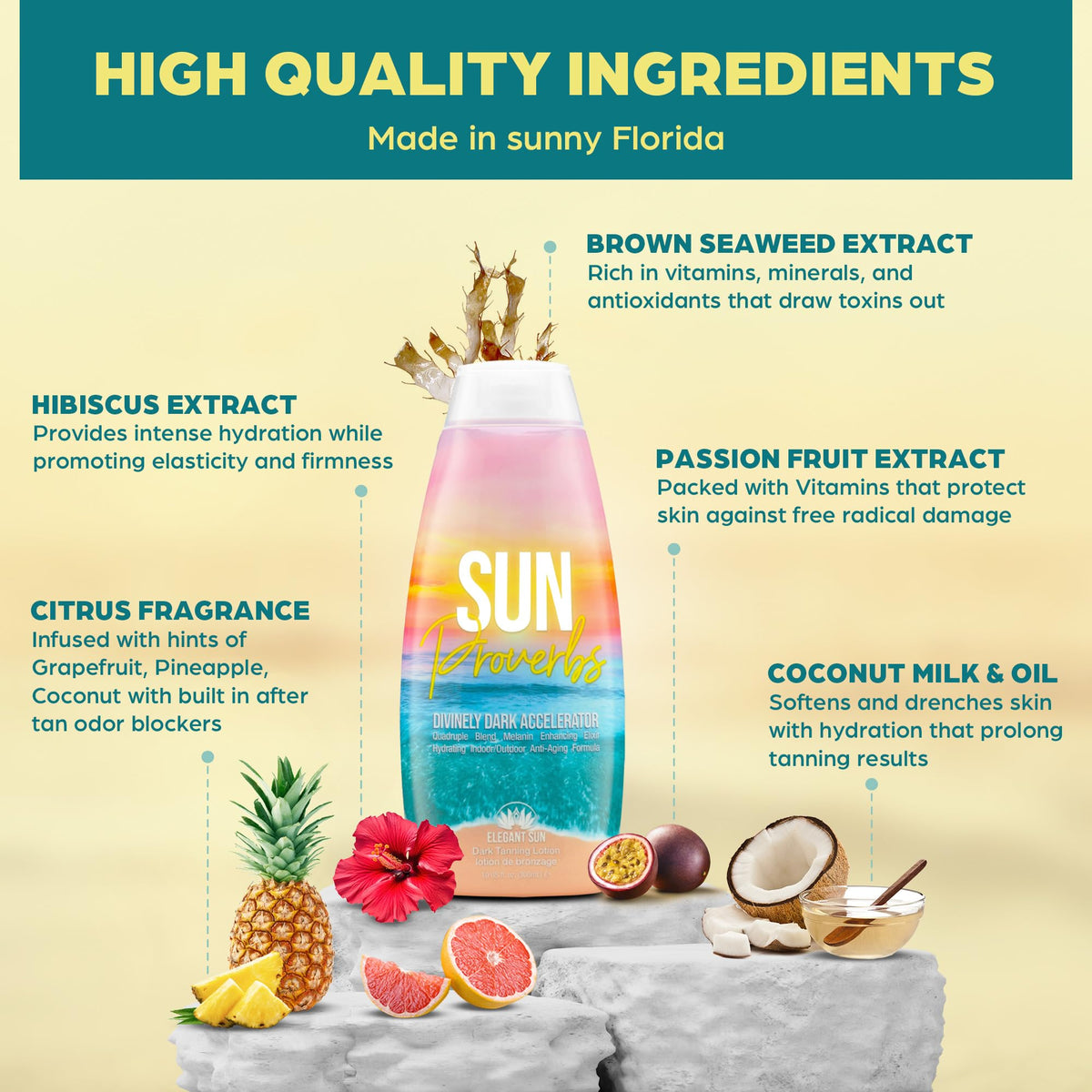 Elegant Sun Sun Proverbs ingredients display highlights natural extracts and tyrosines