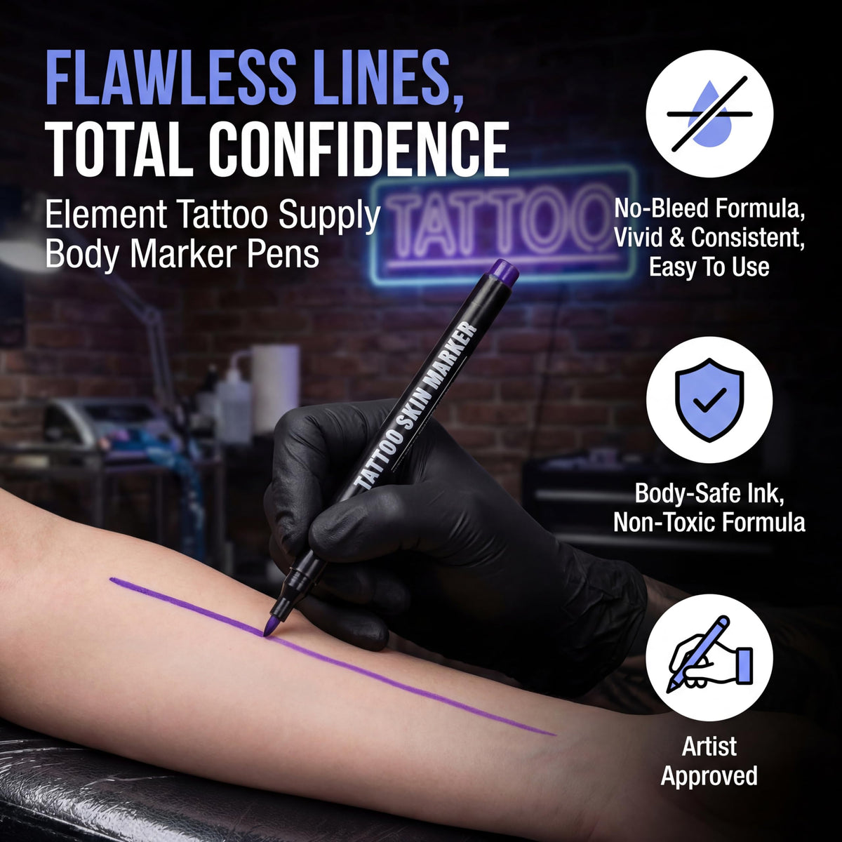 Element Tattoo Supply close-up of bold tip for precise, consistent lines