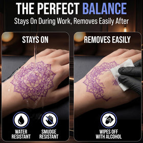 Element Tattoo Supply purple ink stroke on skin demonstrating high contrast visibility
