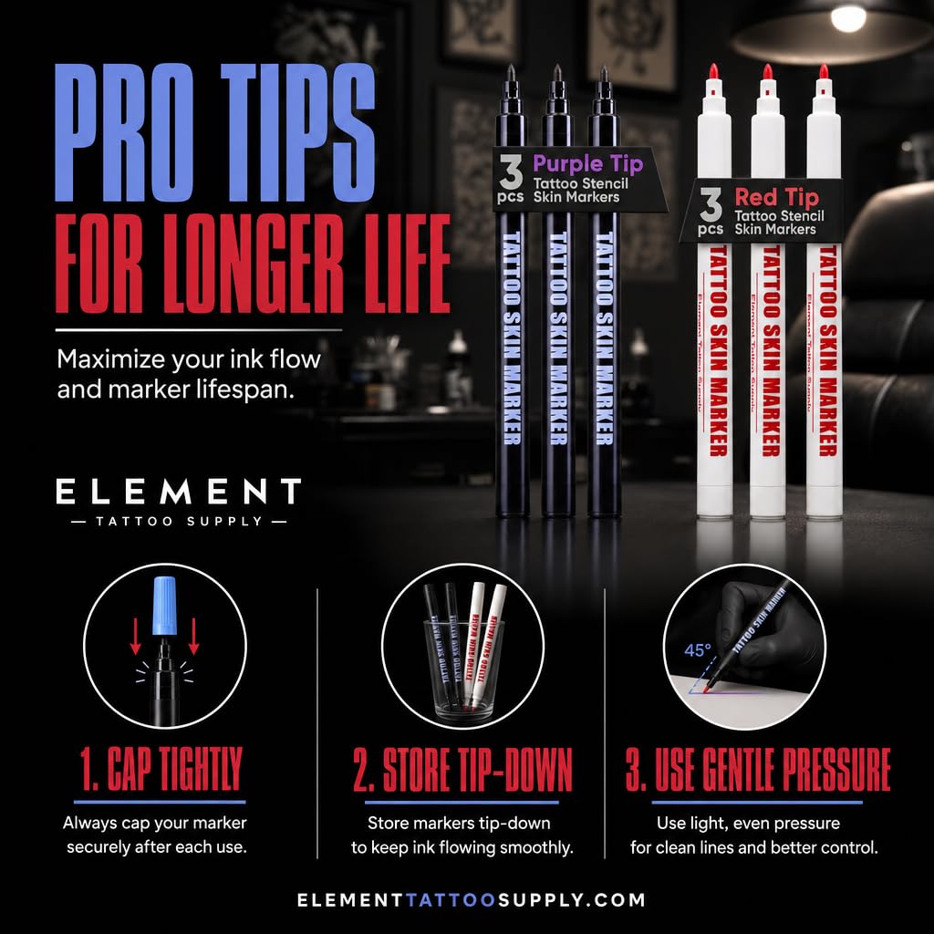 Element Tattoo Supply purple marker outlining on forearm showing high contrast for clear stencils