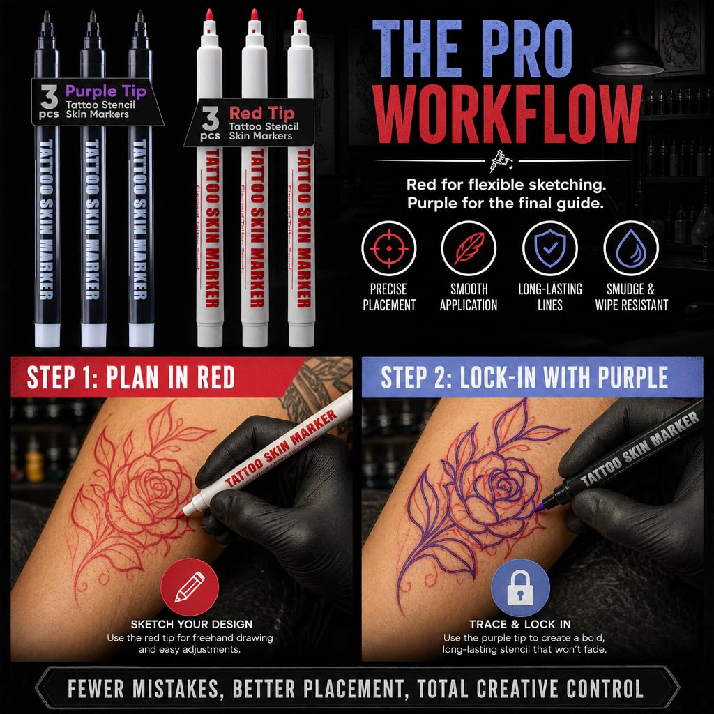 Element Tattoo Supply red marker sketching on skin showing easy-flow for initial concept work