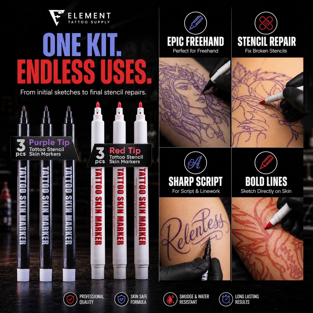 Element Tattoo Supply markers next to ruler showing scale and practical size for artists