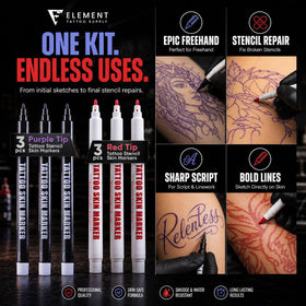 Element Tattoo Supply markers next to ruler showing scale and practical size for artists