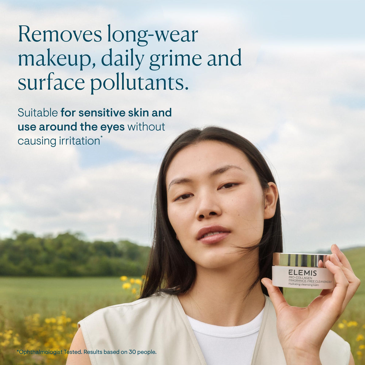 ELEMIS balm warmed on hand demonstrating silky melt benefit: easy makeup removal