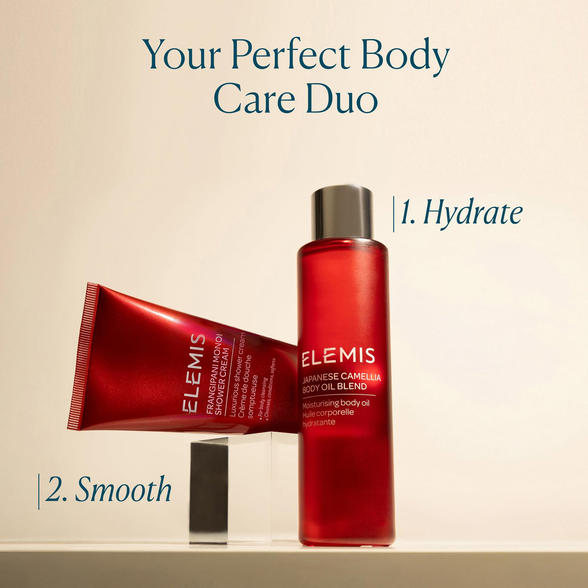 ELEMIS bottle staged with camellia and almond ingredients for ingredient clarity