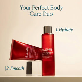 ELEMIS bottle staged with camellia and almond ingredients for ingredient clarity
