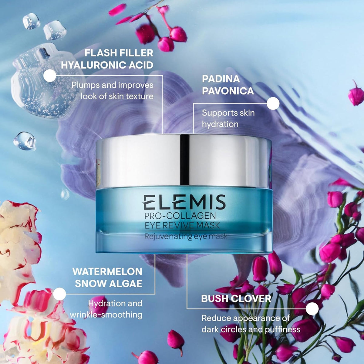 ELEMIS label close-up showing product name and usage guidance benefit