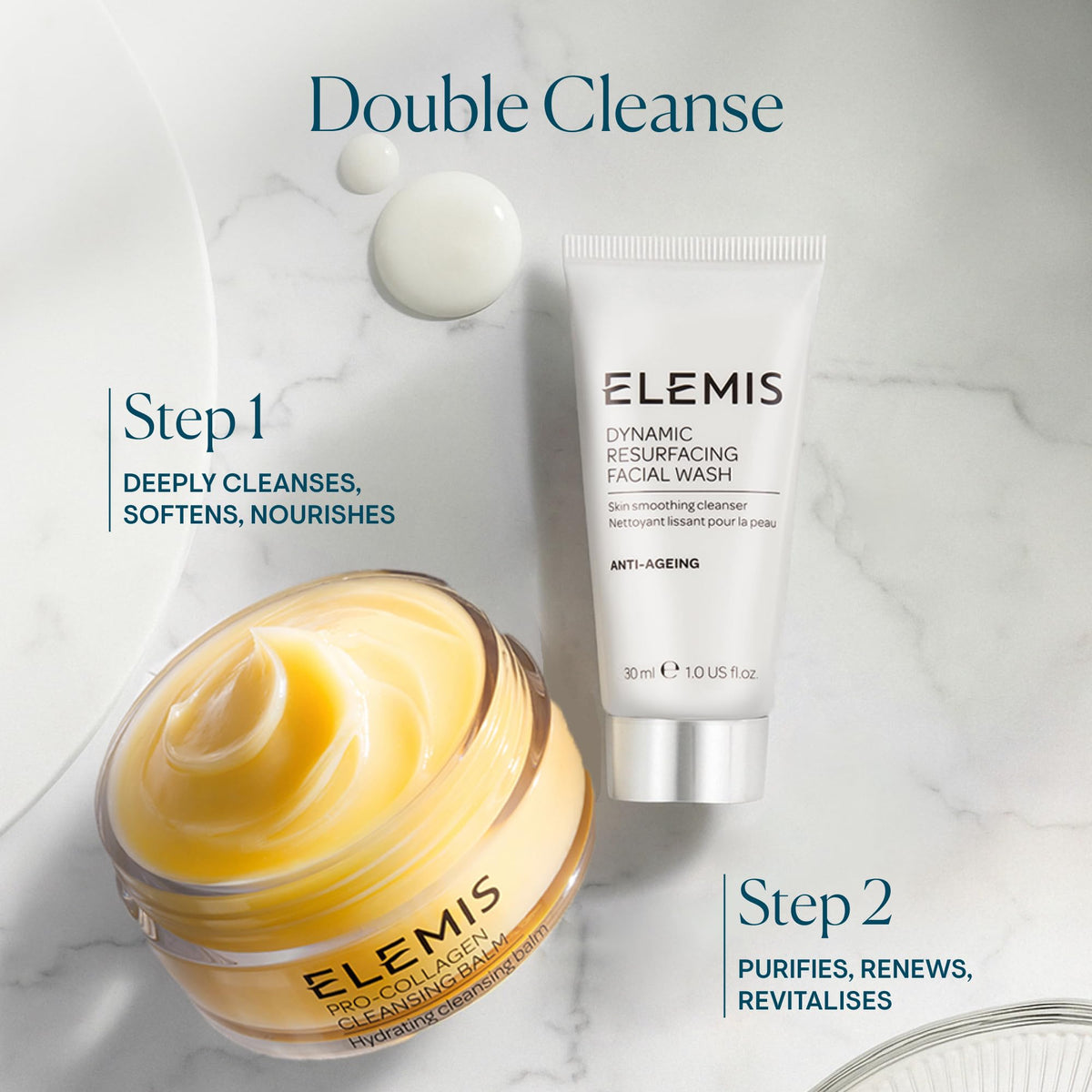 ELEMIS on bathroom shelf styled for travel-ready skincare organization benefit