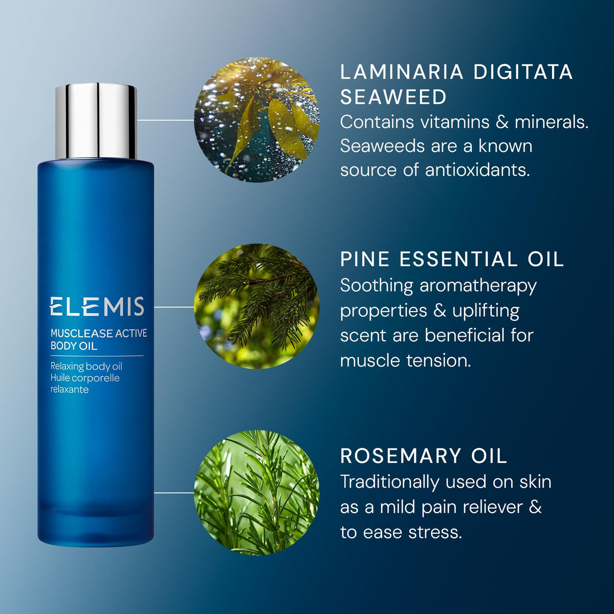 ELEMIS Musclease bottle cap and label closeup, emphasizing clear branding and ingredient callouts