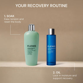 ELEMIS Musclease next to ruler for 100ml size comparison, highlighting travel-friendly volume