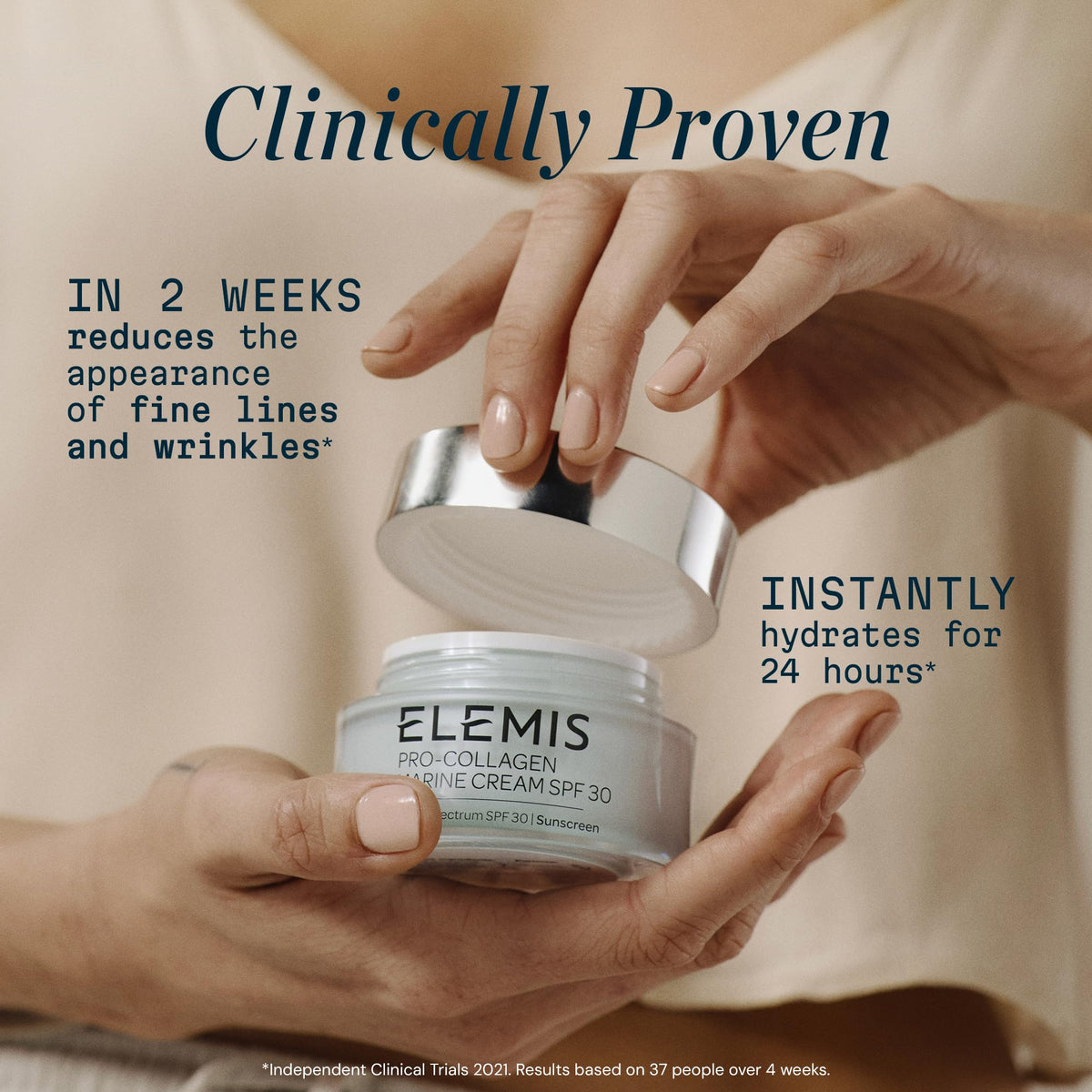 ELEMIS cream swatched on hand showing quick-absorbing finish
