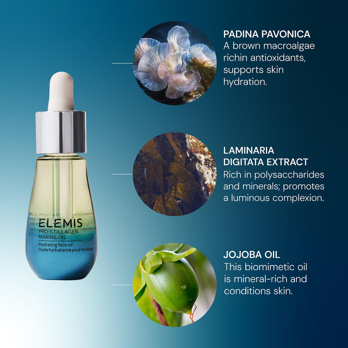 ELEMIS application shot of oil pressed into hand demonstrating quick absorption and softening benefit