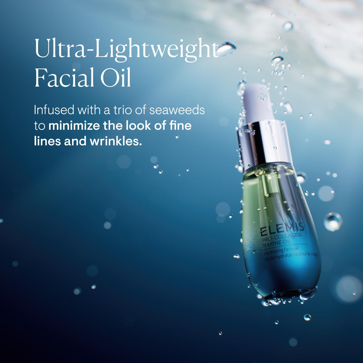 ELEMIS dropper dispensing clear oil onto fingertip for precise application benefit: controlled dosage