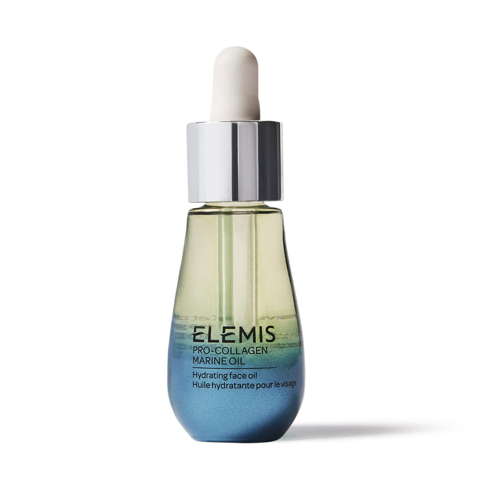 ELEMIS front bottle view showing compact 15ml oil and elegant packaging benefit: travel-ready hydration