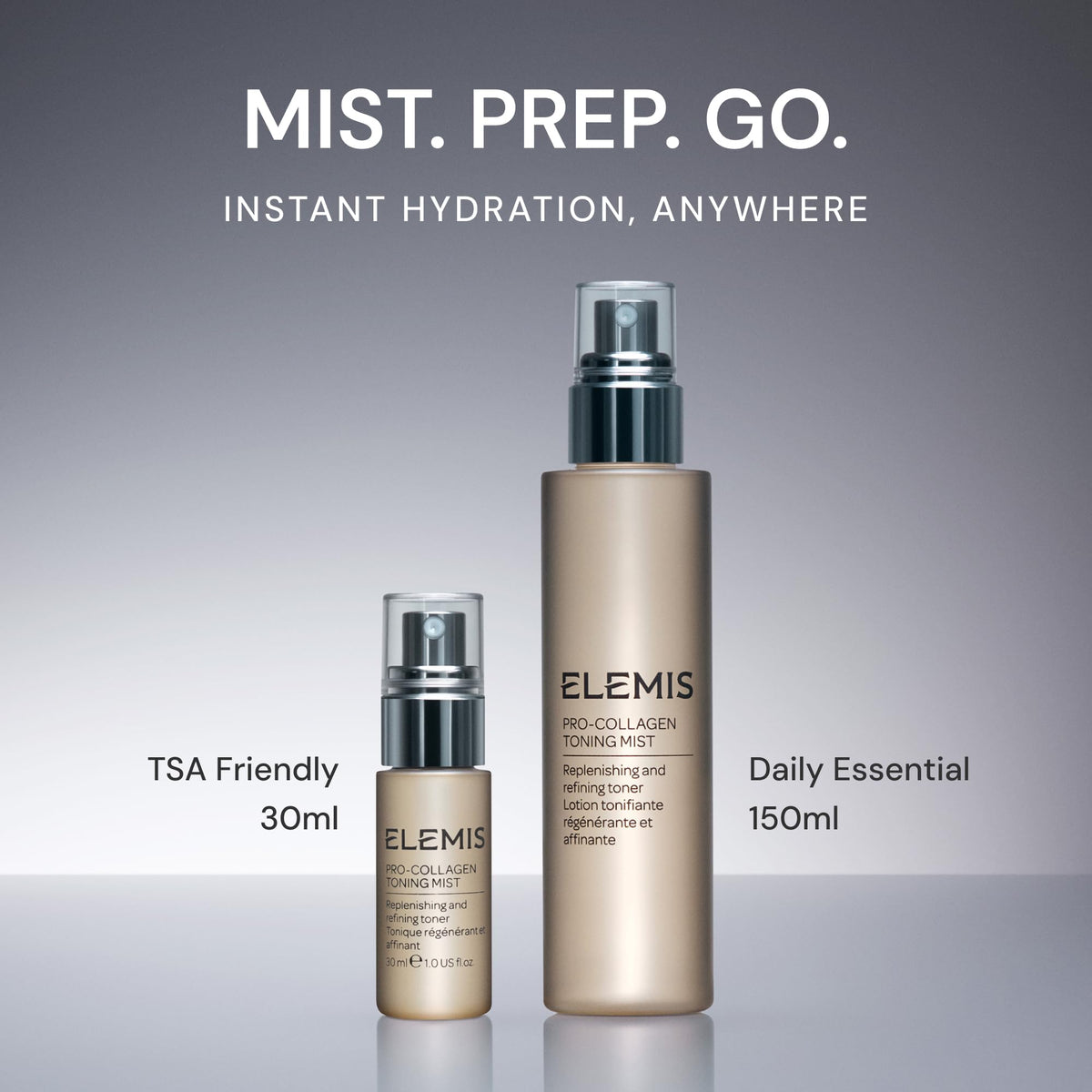 ELEMIS Pro-Collagen mist held in hand to show 30ml size for portability and on-the-go use