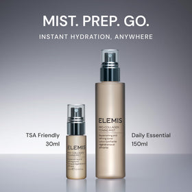 ELEMIS Pro-Collagen mist held in hand to show 30ml size for portability and on-the-go use