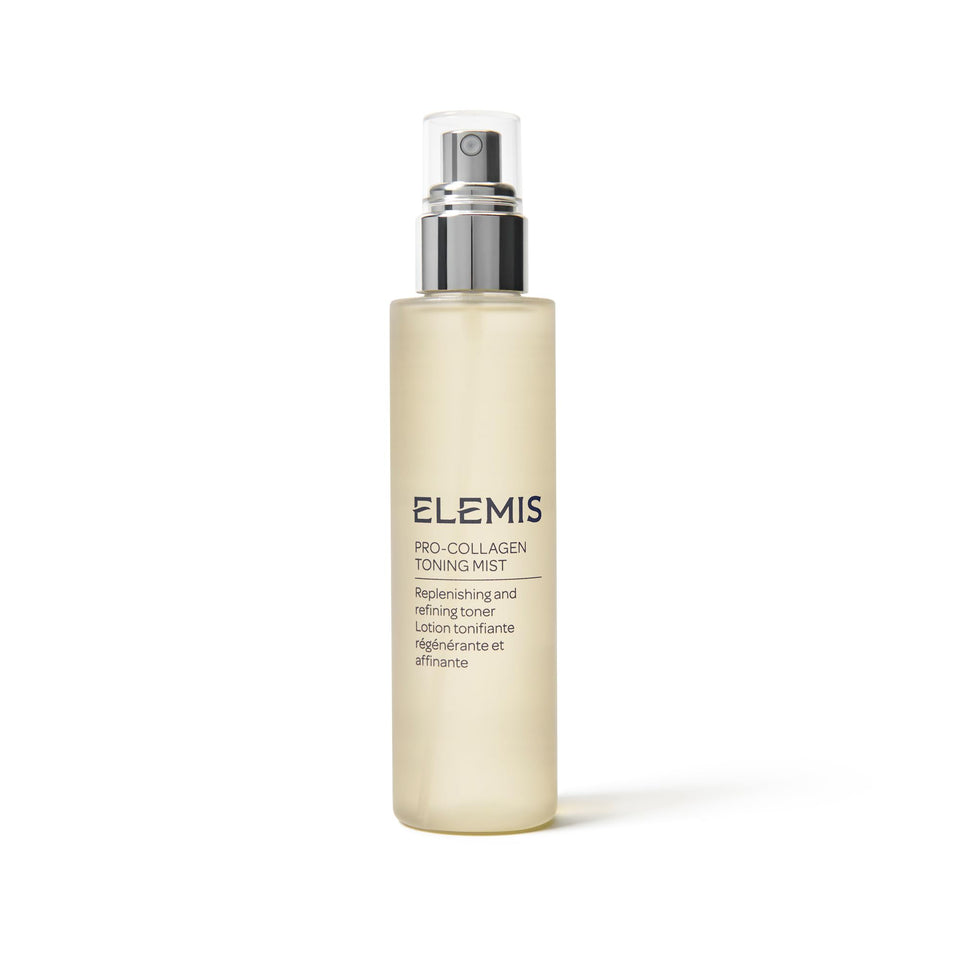 ELEMIS bottle front view showing clean design and reflective finish benefits clarity