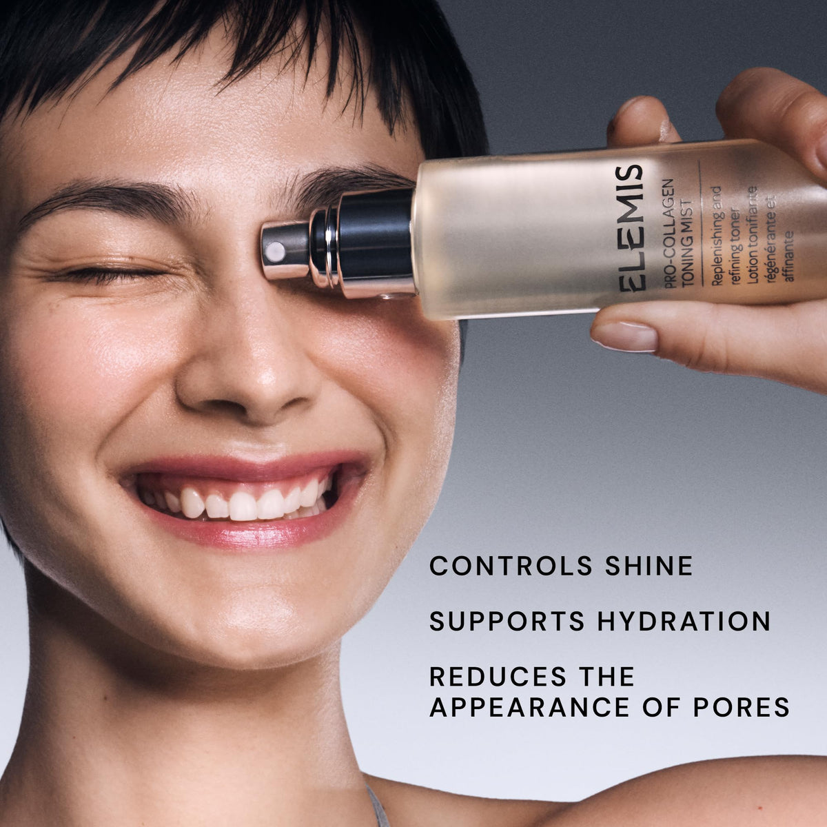 ELEMIS close-up of mist droplets on skin highlighting lightweight, non-sticky feel
