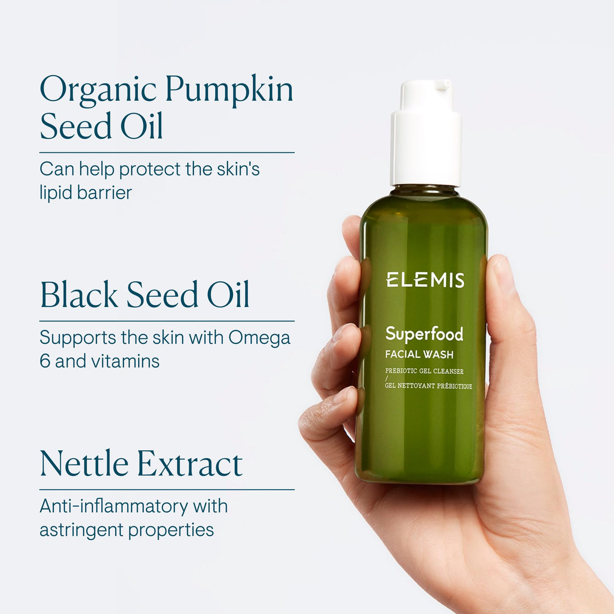 ELEMIS bottle surrounded by superfood botanicals showing nutrient-rich formula