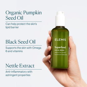 ELEMIS bottle surrounded by superfood botanicals showing nutrient-rich formula
