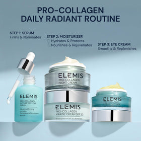 ELEMIS model applying serum to face and neck for improved firmness and bounce