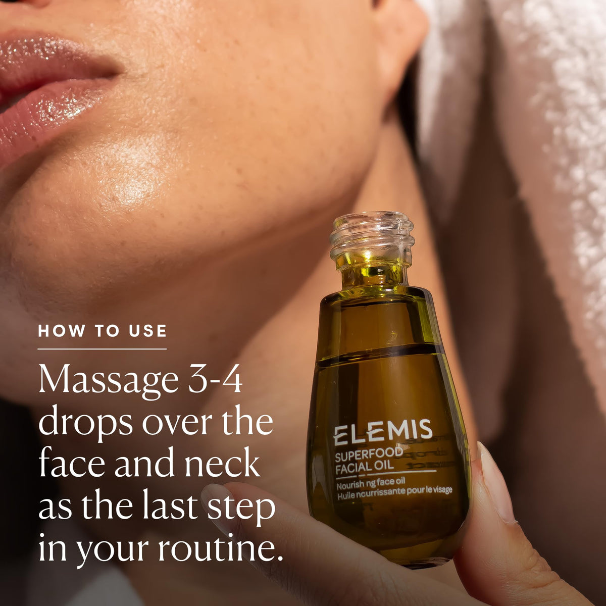 ELEMIS bottle label close-up showing product name and botanical benefits on packaging